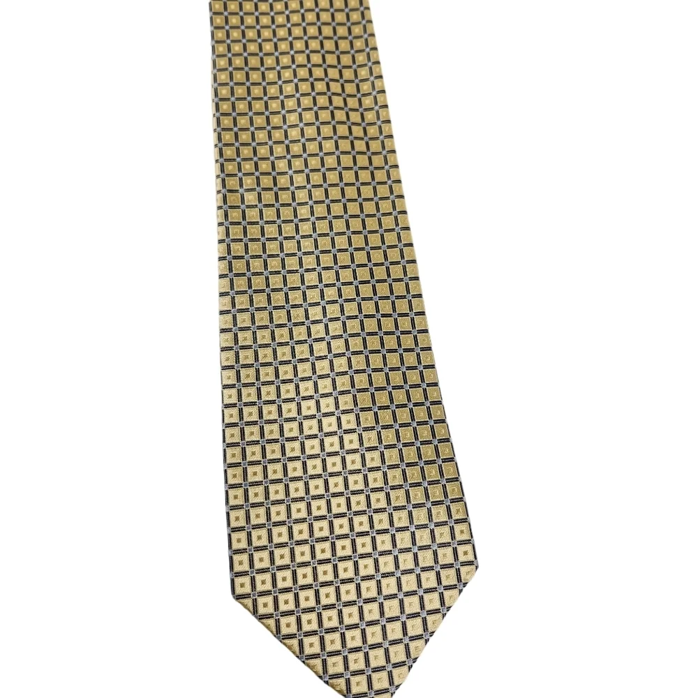 Tommy Hilfiger 100% Silk Pale Yellow Gold Blue Silver Geometric Tie Men's